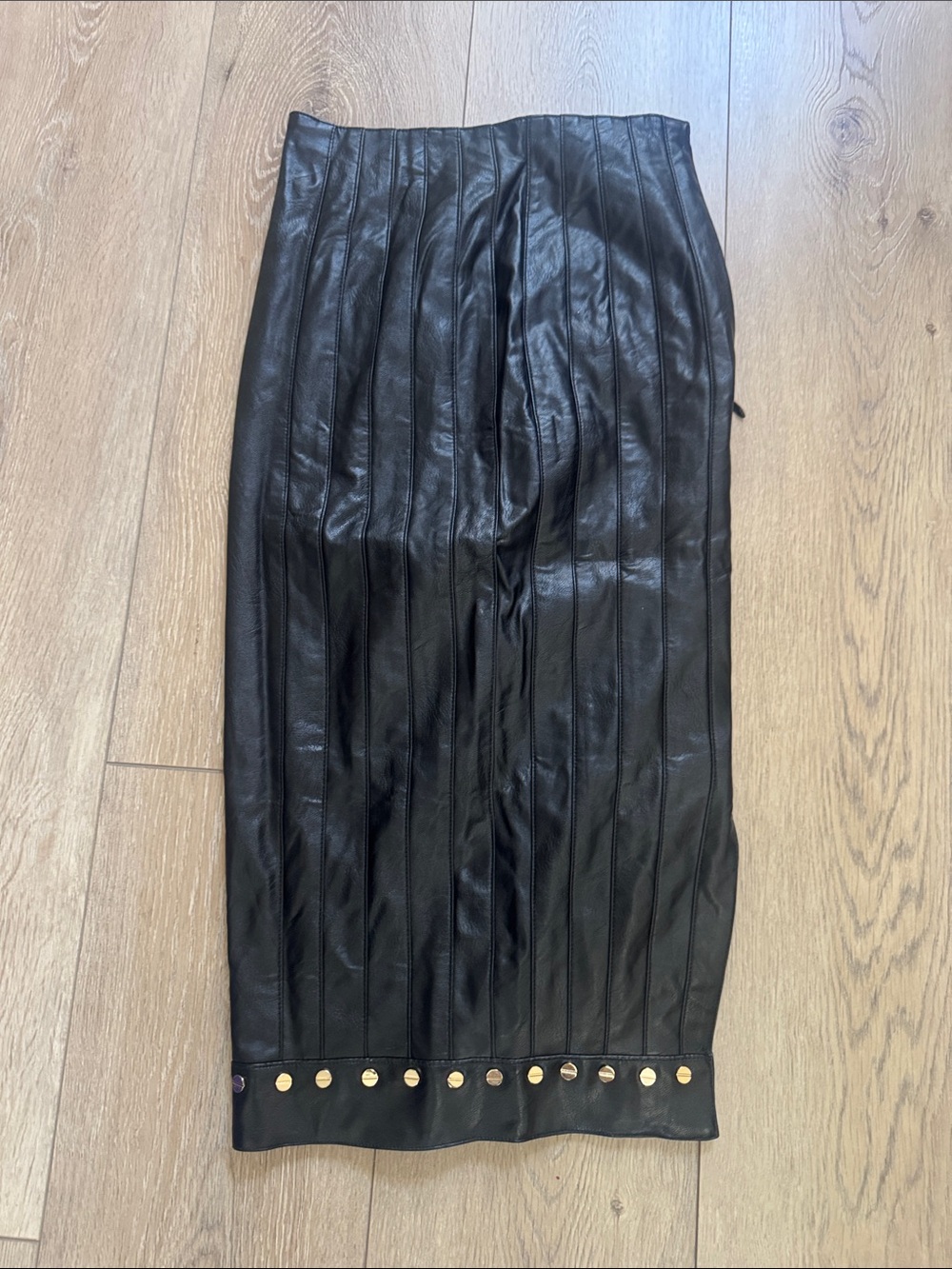 House of CB Black Faux Leather Pencil Skirt with Gold Stud Hem Excellent cond.